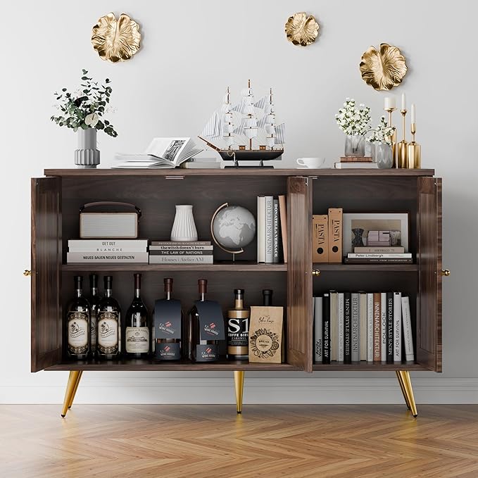 JAMFLY Buffet Cabinet With Storage, Kitchen Storage With 3 Rattan Decorated Doors, Accent Sideboard for Dining Room, Living Room, Entryway, Hallway, Walnut