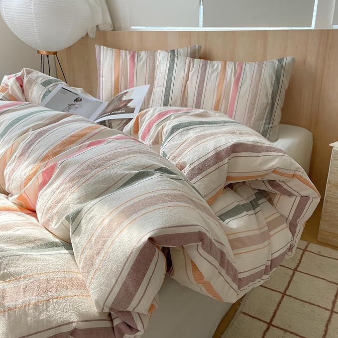 VM VOUGEMARKET Multicolor Striped Duvet Cover Set King Washed Cotton Bedding Stripes Duvet Cover with 2 Pillowcases for Girls Women(Orange/Pink/Green/Coffee)