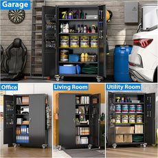 2025 Upgraded Wide & Deep Garage Storage Cabinet with Wheels, Lockable Metal Storage Cabinet with Pegboards and 9 Hooks, 2 Tool Pouches for Garage,4 Adjustable Shelves (Black,43''W x 22''D x 72''H)