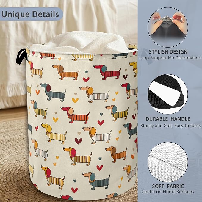 Cute Dachshund Dog Laundry Basket,Foldable with Handles Tote Bag Oxford Cloth for Bathroom Bedroom Dirty Clothes Storage Bucket 16" x 20.8"