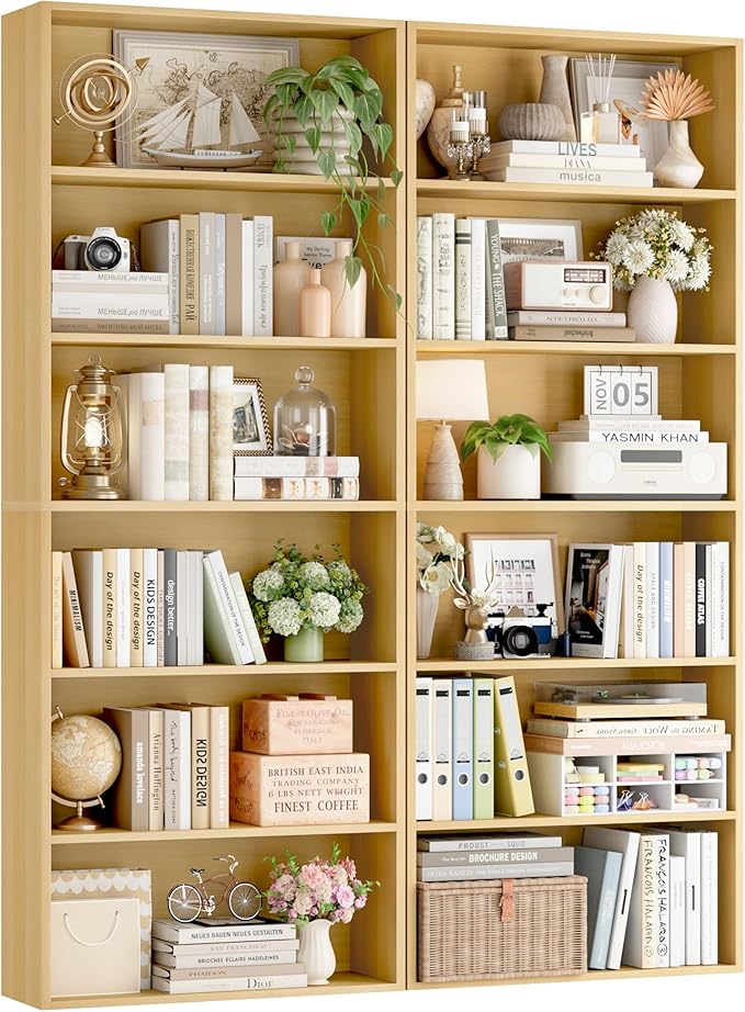 FOTOSOK 6-Tier Open Bookcase and Bookshelf Set of 2, Freestanding Display Storage Shelves Tall Bookcase for Bedroom, Living Room and Office, Natural