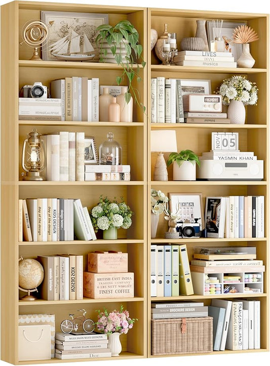 FOTOSOK 6-Tier Open Bookcase and Bookshelf Set of 2, Freestanding Display Storage Shelves Tall Bookcase for Bedroom, Living Room and Office, Natural