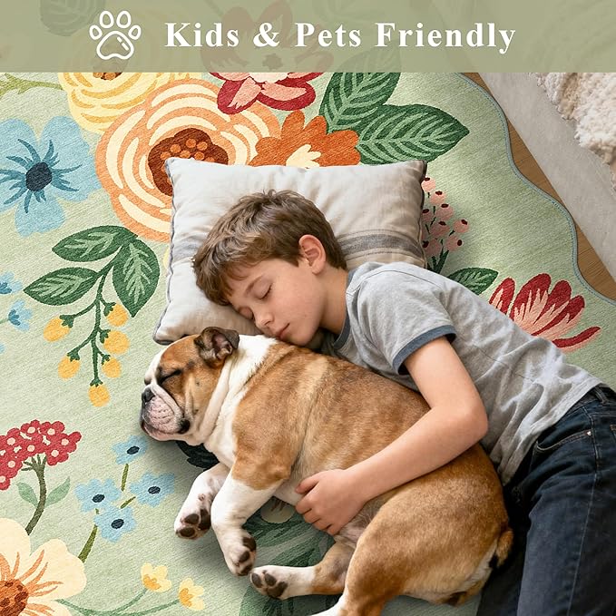 DUKINO 2.6x8 Runner Rug for Hallway, Washable Kitchen Rug with Non Slip Backing & Non-Shediing, Soft Low Pile Floral Design Runner for Bedroom, Kithchen, Living Room, Laundry, Bathroom, Green