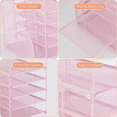 Desk Organizers and Accessories, 5-Tier Paper Letter Tray Organizer with File Holder, Desktop Organizer for Office Supplies (Pink)