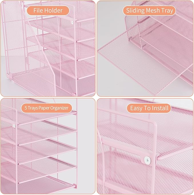 Desk Organizers and Accessories, 5-Tier Paper Letter Tray Organizer with File Holder, Desktop Organizer for Office Supplies (Pink)