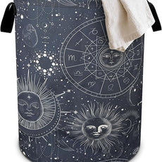 Sun Moon Laundry Basket Foldable Oxford Cloth Tote Bag Laundry Hamper Clothes Storage Bucket Organizer For Bathroom/Laundry Storage/Bedroom 19.6x15.7 Inch