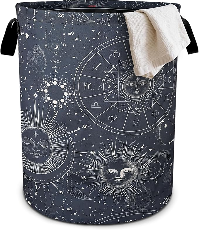 Sun Moon Laundry Basket Foldable Oxford Cloth Tote Bag Laundry Hamper Clothes Storage Bucket Organizer For Bathroom/Laundry Storage/Bedroom 19.6x15.7 Inch