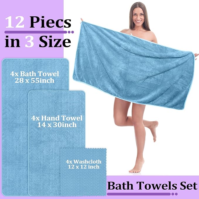 Preboun 12 Pcs Bath Towels and Washcloths 4 Sets Microfiber Bathroom Beach Pool Towel Set Quick Dry Coral Velvet Highly Absorbent for Fitness Sports Shower Travel Spa Hotel(Pastel Colors)