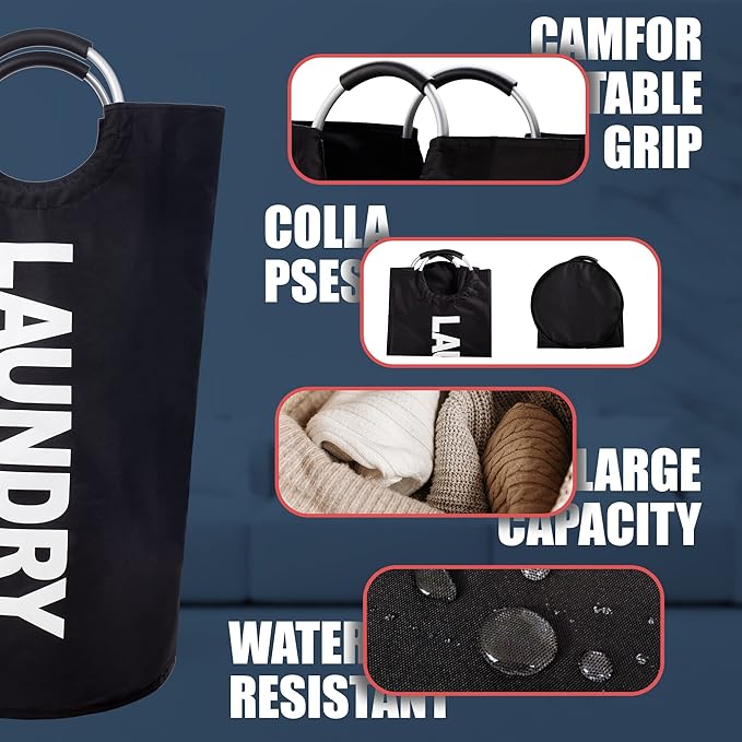 Caroeas 125L Laundry Basket,Large Laundry Hamper, Laundry Bag with Padded Handles, Clothes Hamper Stands Up Well, Collapsible Free Standing Easy Storage Washing Bin (Black,125L)