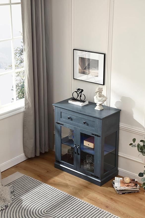 Modern 31.5'' Small Sideboard Buffet Cabinet with Storage,Small Coffee bar Cabinet with a Drawer and Adjustable Shelf,Glass Doors Sideboard Buffet with LED for Kitchen,Blue