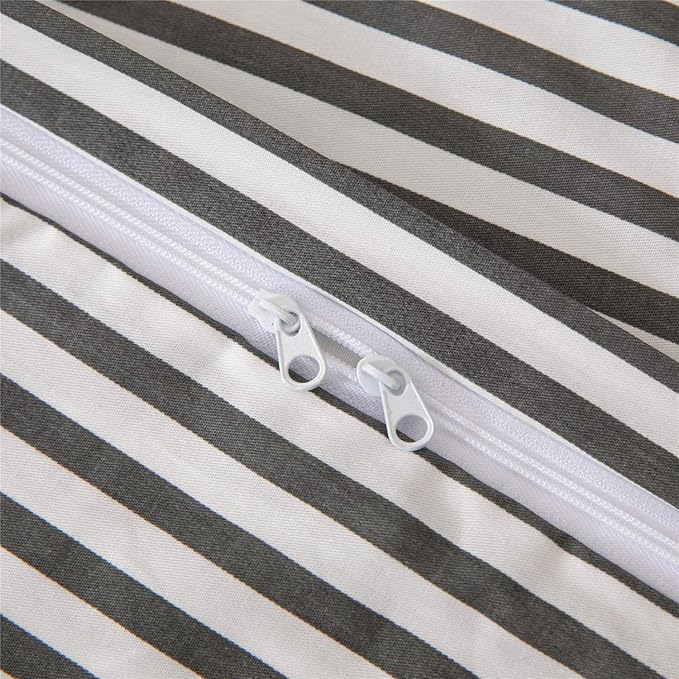 JELLYMONI 100% Natural Cotton 3pcs Striped Duvet Cover Sets,White Duvet Cover with Dark Grey Stripes Pattern Printed Comforter Cover,with Zipper Closure & Corner Ties(Queen Size)