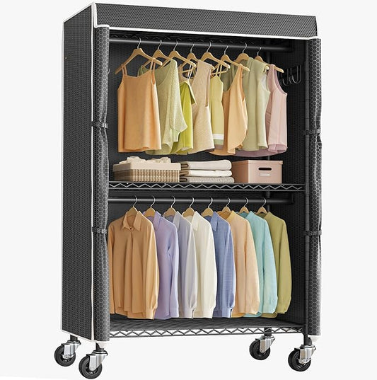 VIPEK R2C Heavy Duty Rolling Garment Rack with Cover, Portable Closets with Double Rods & Lockable Wheels, Covered Clothing Rack for Hanging Clothes, Black Rack with Black Upgarded Polyester Cover