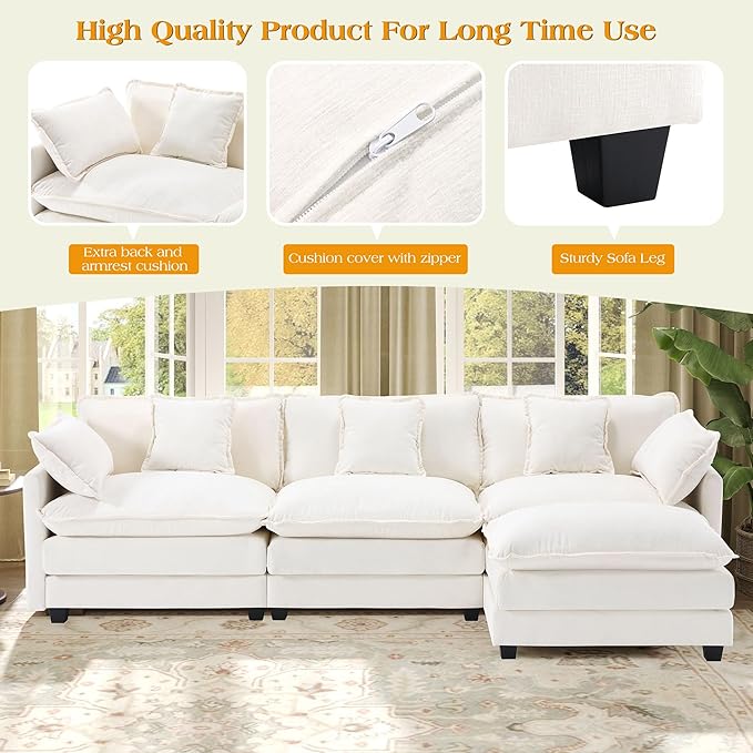 113.4" Modular Sectional Sofa,L Shaped Couch for Living Room,Modern Deep Seat Sofa 3 Seater Chenille Fabric Comfy Cloud Couches with Throw Pillows & Movable Ottoman