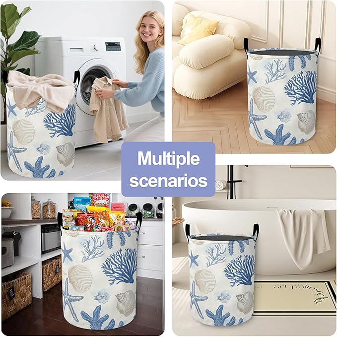 Vintage Starfish Laundry Basket, Shells Oxford Cloth Laundry Hamper With Handle Foldable Portable Clothes Storage Basket Storage Bag For Laundry Room/Bathroom/Bedroom/Dormitories