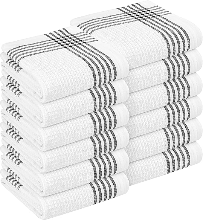 Black and White Kitchen Towels 12 Pack, 16x26 Inch, 100% Cotton Waffle Weave, Super Absorbent, Quick Dry, Reusable Dish Towels for Cleaning, Drying, Cooking, Washing