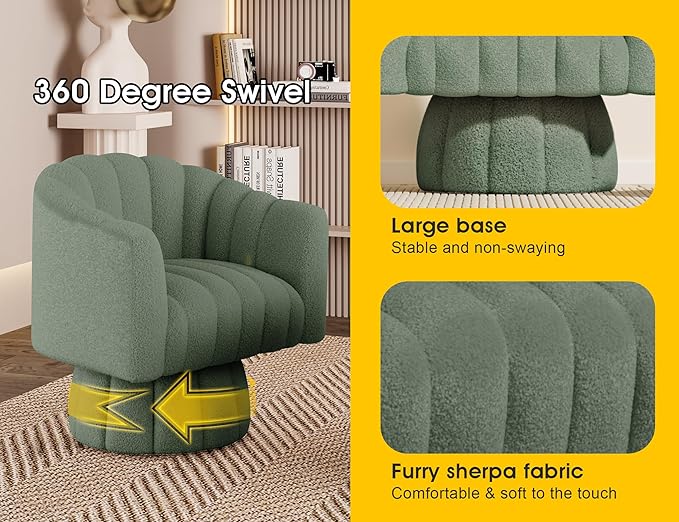 360 Degree Sherpa Swivel Cuddle Barrel Accent Sofa Chairs, Round Teddy Armchairs with Wide Upholstered, Furry Boucle Reading Chair for Living Room, Bedroom, Office, Waiting Rooms (Green)