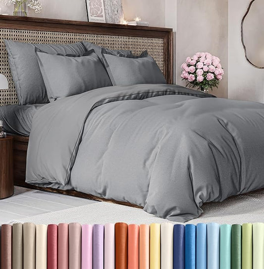 CGK Unlimited Duvet Cover Queen Size Set - Extra Soft Queen Size Duvet Cover 90 x 90 with 2 Pillow Shams - Hotel Quality w/Zipper Closures & Ties - Bedding and Bed Linens Set (Heathered Grey)