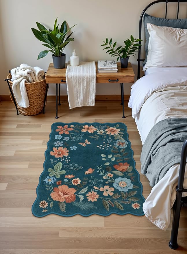 Lahome Floral Washable Entryway Rug, 2X3 Soft Kitchen Rugs Non-Slip, Ultra-Thin Door Mat Indoor Entrance Stain Resistant Boho Small Throw Carpet for Bathroom Bedroom Entry, Navy Blue