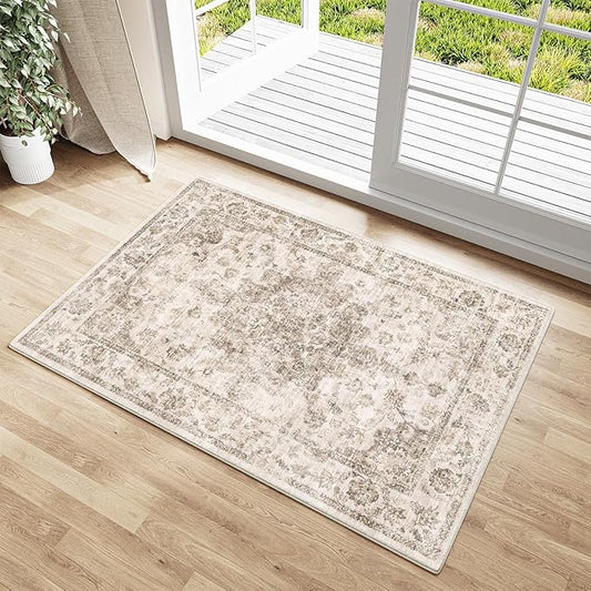2x3 Washable Neutral Area Rug Brown Vintage Entryway Kitchen Carpet Non-Slip Soft Low Pile Floral Indoor Small Throw Rug for Bedroom Bathroom Entrance