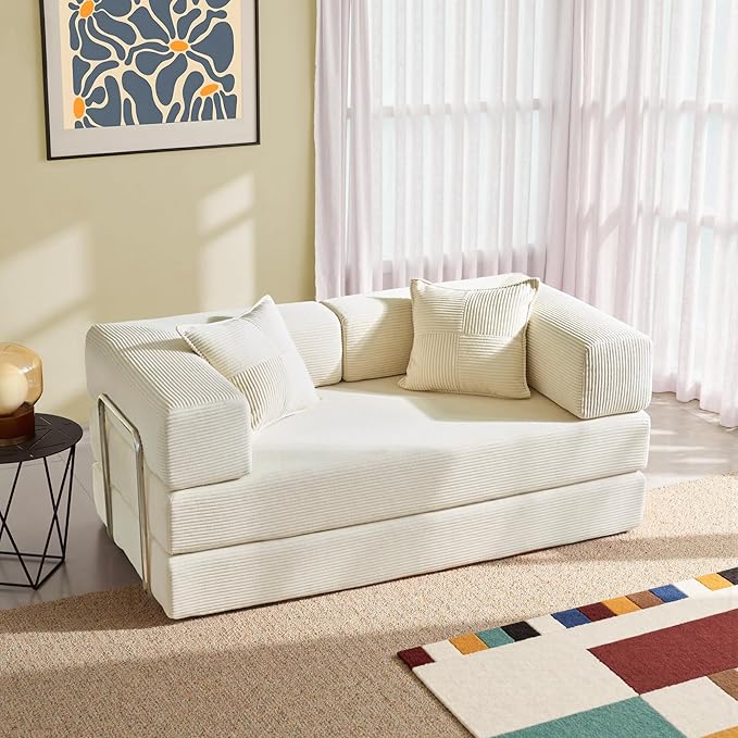 YINIX Foldable Sofa Bed, 62'' Folding Floor Couch, Compressed Convertable Sleeper Sofa, Memory Foam Couch with Pillow Back Support Armrest, 4-in-1 Futon Sofa Bed for Living Room, White