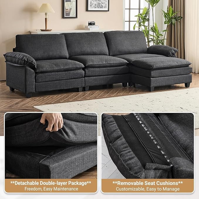 VINGLI 121" Cloud Linen Couch, Comfy Modular Sectional Sofa Set for Living Room,Modern 3-Seat Convertible Loveseat Sofa with 1 Ottoman for Small Space, Black