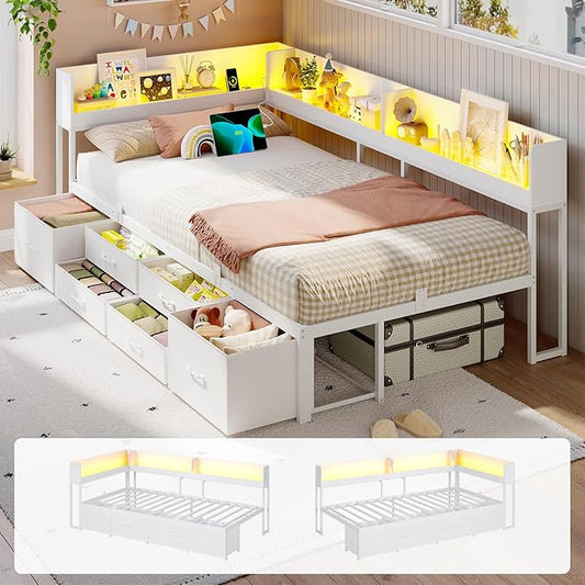 VIAGDO Corner Bed Frame with Storage Bookcase and 6 Drawers, Twin XL Metal Platform Corner Bed Frame with LED Lights and Charging Station, Twin XL Daybed for Kids Teenagers, White