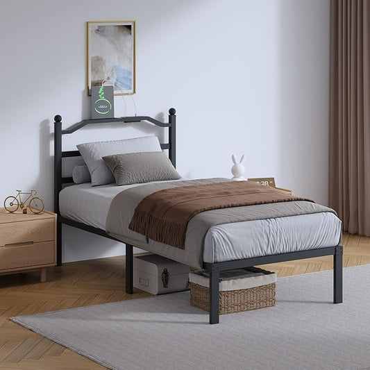 Twin Size Bed Frame - 14 Inch Metal Heavy Duty Bedframe with Charging Station Black Basic Steel Slats Platform with Headboard No Box Spring Needed/Easy Assembly