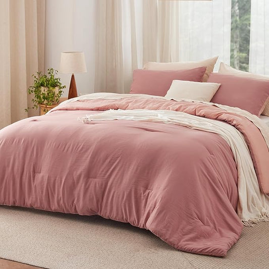 Bedsure Queen Size Comforter Set, Reversible Pink Clay Soft Prewashed Bedding for All Seasons, 3 Pieces Warm Down Alternative Bed Set, 1 Lightweight Comforter (90"x90") and 2 Pillowcases (20"x26")