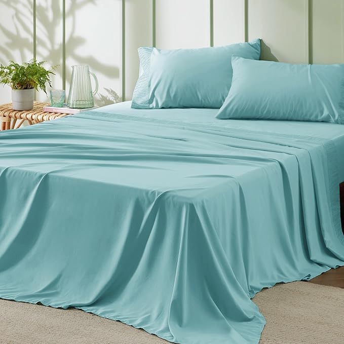 Bedsure King Size Sheets Set - 4 Pieces Soft King Sheets - Breathable & Cooling - Hotel Luxury - Easy Care Polyester Microfiber Bedding for Women, Men, Spa Blue