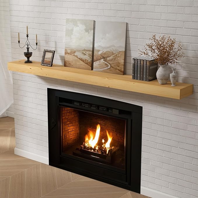 Dreamland 72 X 8 X 3 Fireplace Mantel - Solid Rustic Wood Wall Mounted Floating Shelf - Handcrafted Wood Fireplace Mantels - Floating Fireplace Mantel - Natural
