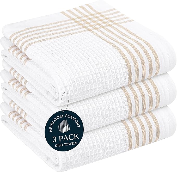 Beige and White Waffle Kitchen Towels 3 Pack, 100% Cotton, 16x26 Inch, Ultra Absorbent, Fast Dry Dish Towels, Reusable Dishcloths for Drying, Cleaning, Kitchen Use