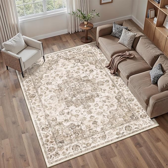 6x9 Washable Neutral Area Rug Brown Vintage Living Room Bedroom Carpet Non-Slip Soft Low Pile Floral Indoor Throw Rug for Dining Room Entryway Office