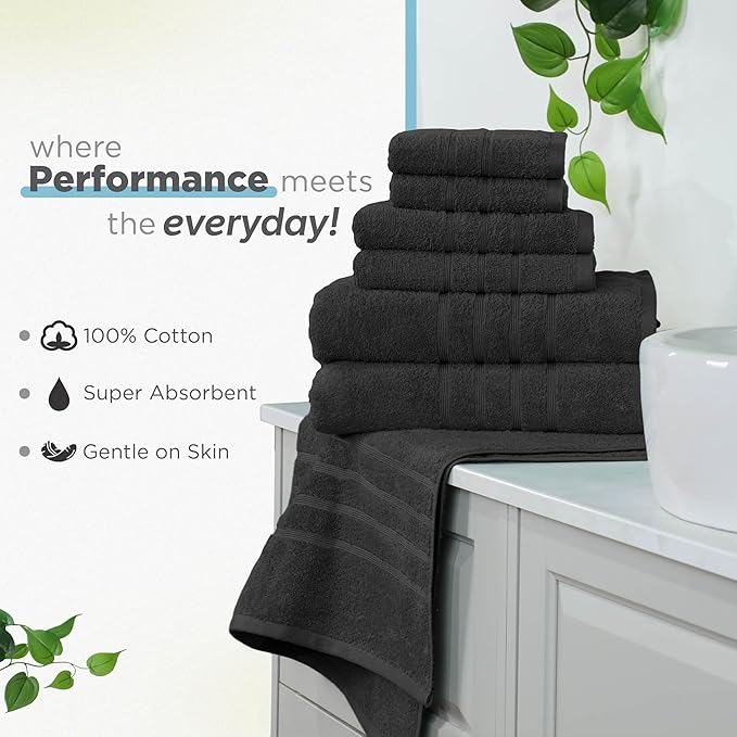 Martex 6-Piece Towel Set – Ultimate Performance – 100% Cotton – 2 Bath Towels – 2 Hand Towels – 2 Wash Cloths – Versatile – Low-Linting – Supersoft & Absorbent Bathroom Set – Easy Care – Black