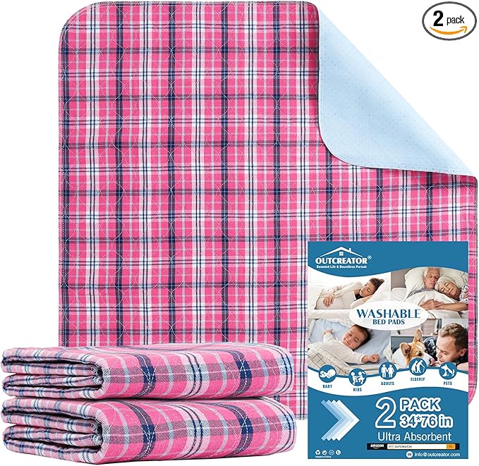 OUTCREATOR® Washable Bed Pads 34" x 76" (Pack of 2) for Incontinence Mattress Protector, Reusable Underpads for Elderly, Adults, Kids, Pets with Anti-Slip Bottom (Pink Plaid)