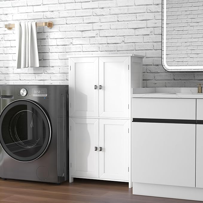 TaoHFE 2 Tier White Bathroom Storage Cabinet,Wood Bathroom Cabinets Freestanding with 4 Door Organizers Storages with Adjustable Shelves, Storage Cabinet for Living Room,Laundry Room,White