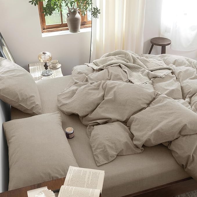 FOSSA Duvet Cover Set 100% Washed Cotton Linen Feel Super Soft Breathable Cozy 3 Pieces Bedding Sets Solid Tannish Linen Grey Super Queen