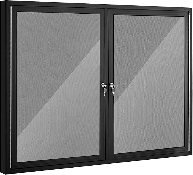Enclosed Bulletin Board 48"x36" Outdoor Weatherproof Cork Noticeboard with Locking Door Wall-Mounted Gray Fabric Black Aluminium Frame for Home, School, Office, Community, Hospital