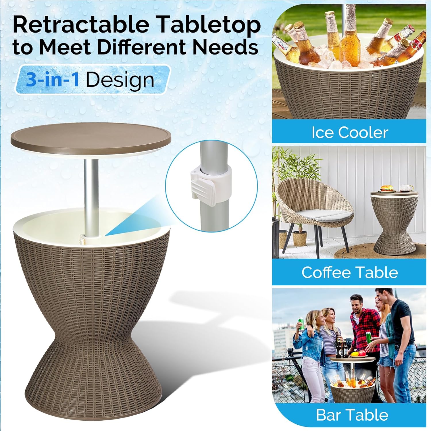 Outdoor Cooler Side Table,Outdoor Cooler Table, Height-Adjustable Outdoor Cool Bar w/ 8 Gallon Beer and Wine Cooler, All-Weather Resistant Patio Cooler Ice Cool Bar for Deck Pool Party (Coffee)