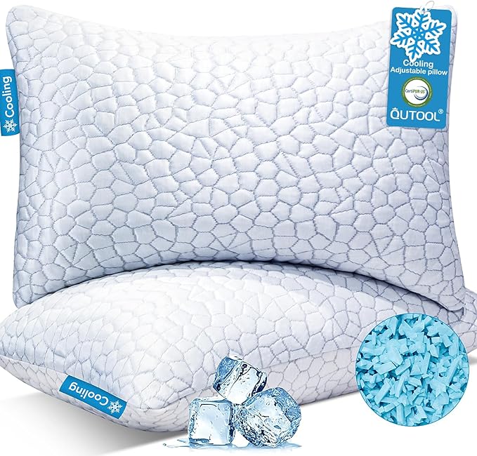 QUTOOL Cooling Pillow for Sleeping 2 Pack,Luxury Shredded Memory Foam Bed Standard Pillows Set of 2,Cool Pillow for Hot Sleepers Adjustable Firm Pillow for Side,Back,Stomach Sleepers Soft Yet Support