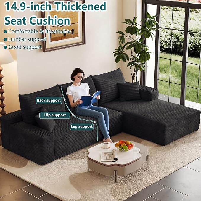 95" Modular Sectional Couch, Boneless L Shaped Cloud Sofa with Chaise Lounge, Corduroy Upholstered Couches Memory Foam Deep Seat, No Assembly Required, Ideal for Living Room(Black, Right Facing)