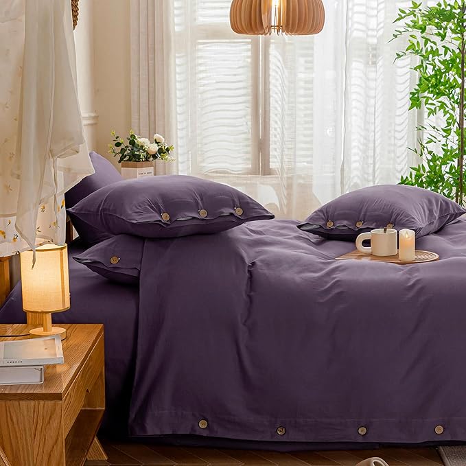 JELLYMONI Cotton Duvet Cover Twin Size - Purple Comforter Cover with Button 100% Washed Cotton 2PCS Breathable Soft Solid Bedding Set Duvet Cover 68×90in & 1 Pillowcase (NO Comforter)