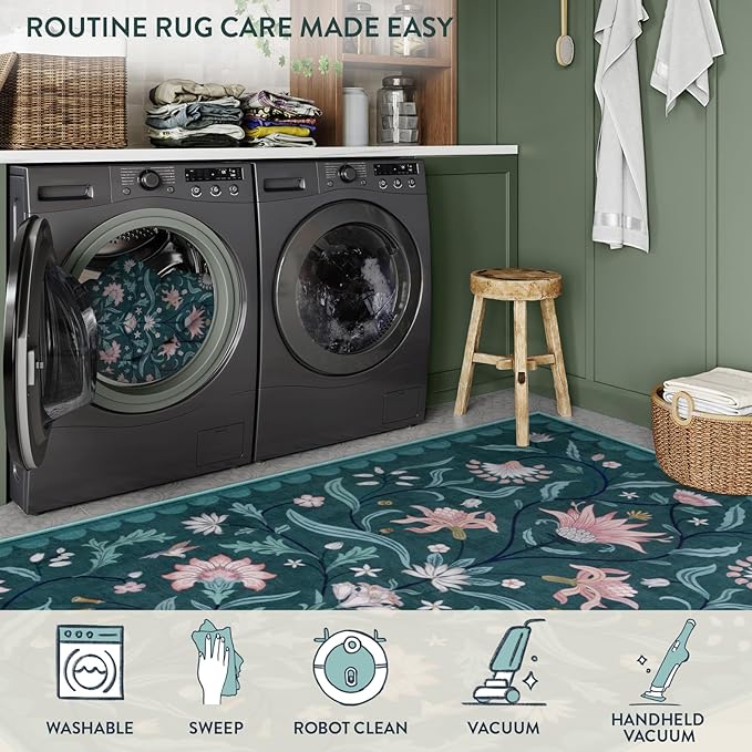 Lahome Boho Floral 2x6 Rug Runners for Hallways Non Slip, Dark Teal Kitchen Runner Rugs Non Skid Washable Bathroom Carpet Runner, Soft Non-Slip Runners for Entryway Laundry(Dark Teal,2x6)