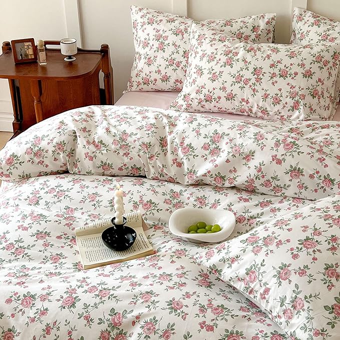 HighBuy Cute Floral Duvet Cover Twin Girl Ultra Soft Cotton Coquette Comforter Cover with Zipper Ties,Garden White Pink Floral Bedding Collection Twin,Extra Soft Floral Bedding Set 3 Piece