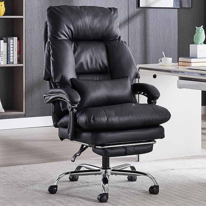 Office Chair with Footrest 500lbs,Reclining Leather Computer Chair for Heavy People, Big and Tall Comfy Executive Desk Chair with Lumbar Support & Pillow .High Back Black