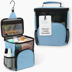 College Dorm Room Essentials for Girls - Shower Caddy Dorm - Original, Portable, Durable, Roomy, Foldable Water Resistant Shower Bag in Light Pink with Metal Hook for Hanging (Light Blue)