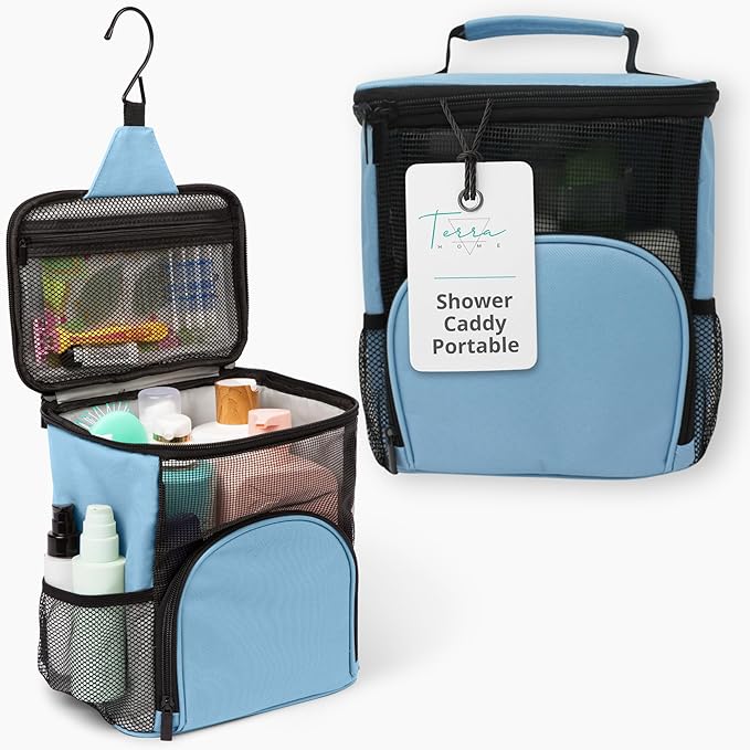 College Dorm Room Essentials for Girls - Shower Caddy Dorm - Original, Portable, Durable, Roomy, Foldable Water Resistant Shower Bag in Light Pink with Metal Hook for Hanging (Light Blue)