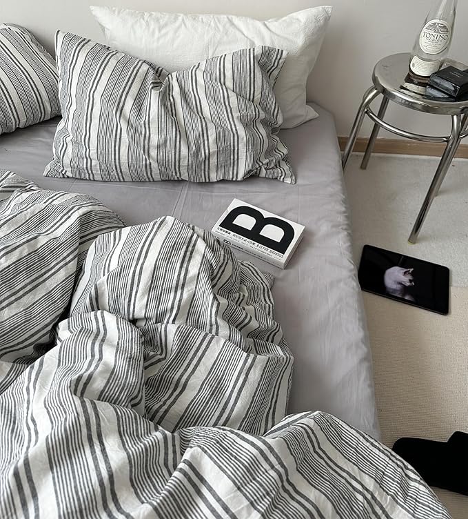 VM VOUGEMARKET Black Grey Striped Duvet Cover Set Queen Size - 3 Pieces Washed Cotton Bedding Set,Preppy Style Quilt Comforter Cover for College Dorm,90"x90"