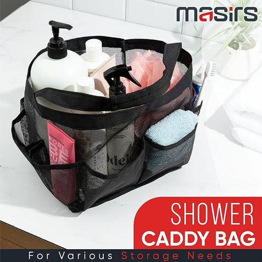 Masirs Shower Caddy Mesh - 9 Pocket Portable Bathroom Organizer Tote for Travel, Gym & Dorm - Collapsible Small Shower Caddy Bag to Hold Toiletries & Essentials (Black)