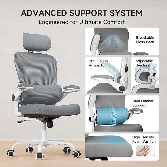 Ergonomic Office Chair with Adjustable Lumbar Support & Headrest, 330 LBS High Back Mesh Chair with Flip-up Armrests for Long Hours, Home Office Desk Chair, White and Gray