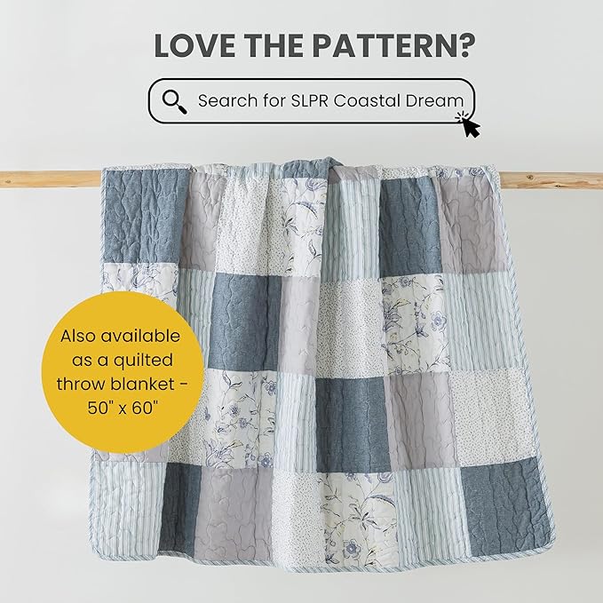 SLPR Coastal Dream Cotton Pieced Quilt Set - Twin Size with 1 Sham, Soft Purple & Blue Patchwork Quilted Bedspread, Farmhouse Country Style Bedding for All Seasons